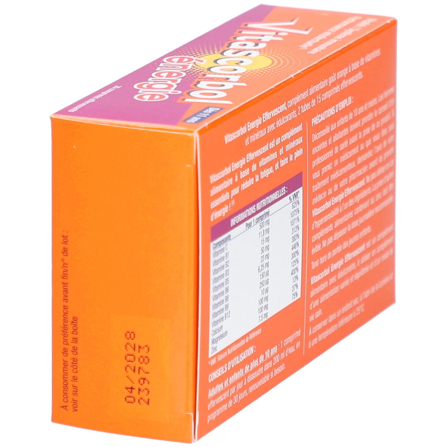Boîte Vitascorbol Energie en biais. Date de péremption et informations nutritionnelles. Texte en français.