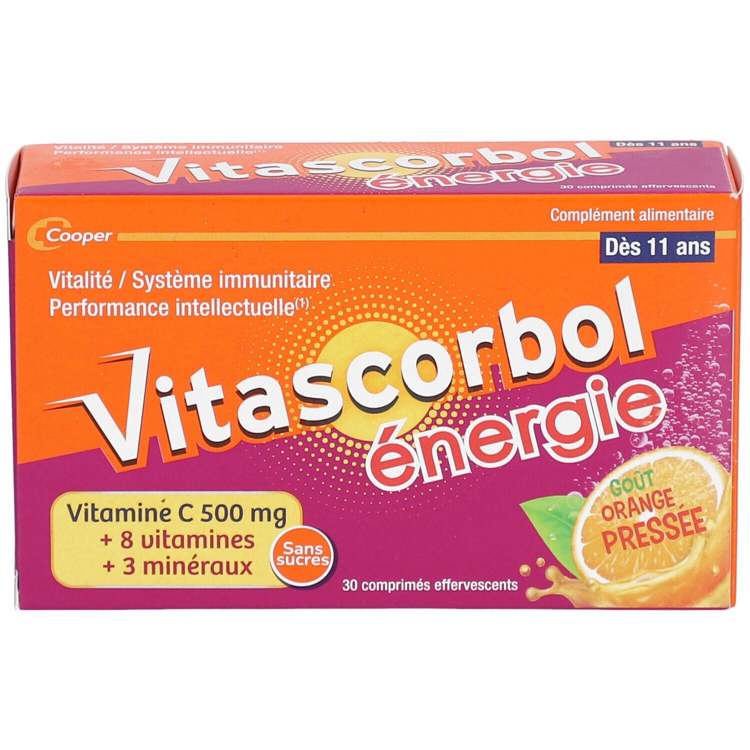 Boîte Vitascorbol Energie, vue de face. Contient 30 comprimés. Design orange avec nom du produit.