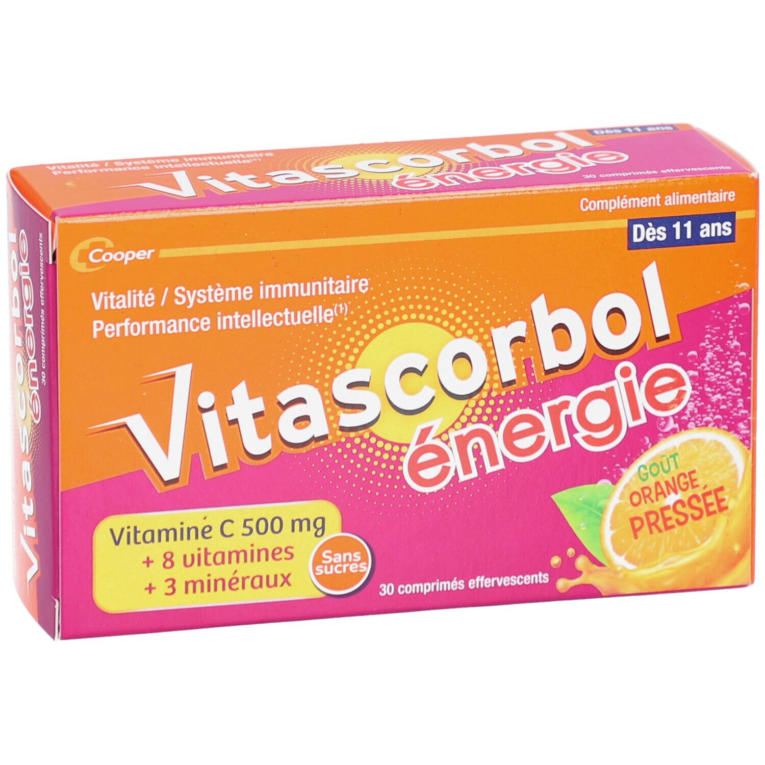 Boîte Vitascorbol Energie, vue de face. Contient 30 comprimés. Design orange avec nom du produit.