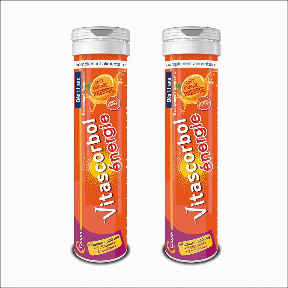 Deux tubes de COOPER Vitascorbol Energie, 15 comprimés effervescents chacun, goût orange.