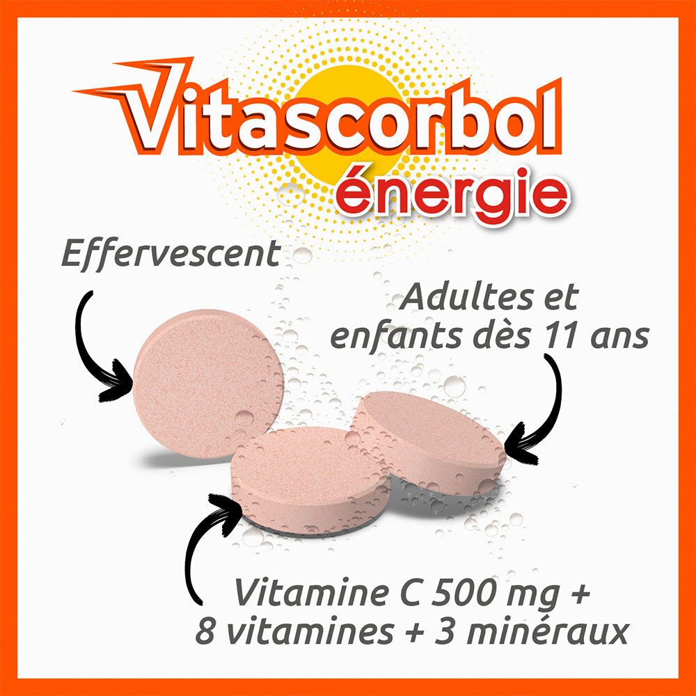 Trois comprimés effervescents COOPER Vitascorbol Energie, goût orange.
