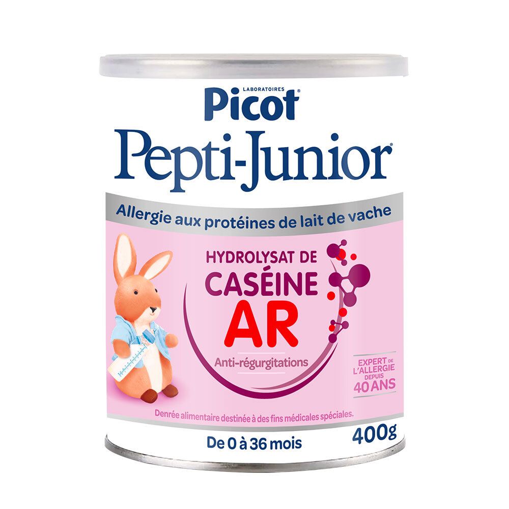 Boîte Picot Pepti-Junior, Caséine AR. Rose et blanc. Illustration lapin. Pour bébés 0-36 mois. 400g.