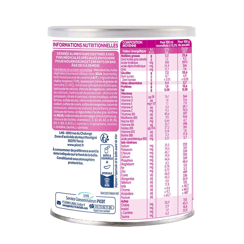 Dos de la boîte Picot Pepti-Junior. Informations nutritionnelles et ingrédients. Fond rose et blanc.