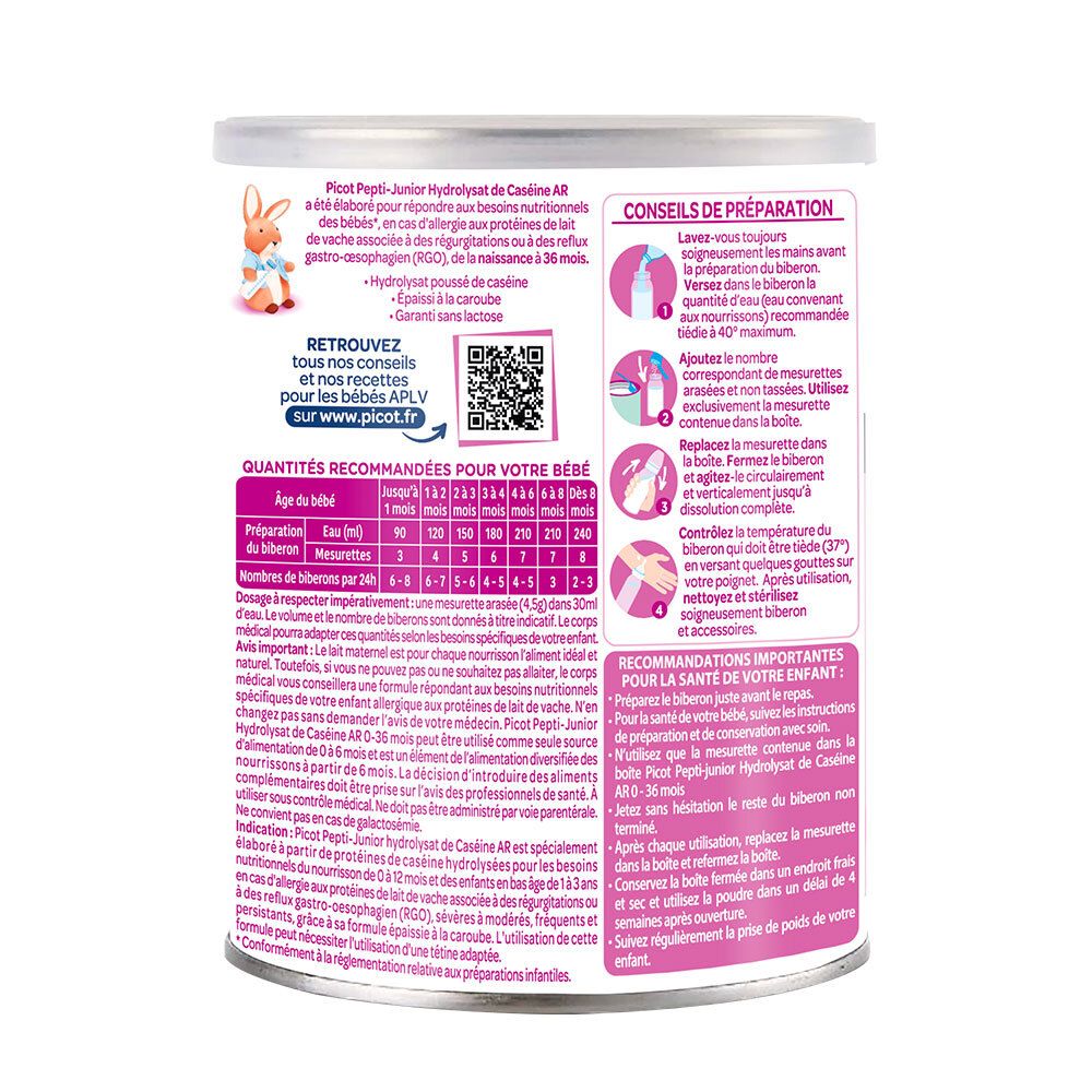 Boîte Picot Pepti-Junior. Conseils de préparation et recommandations. Fond rose et blanc.