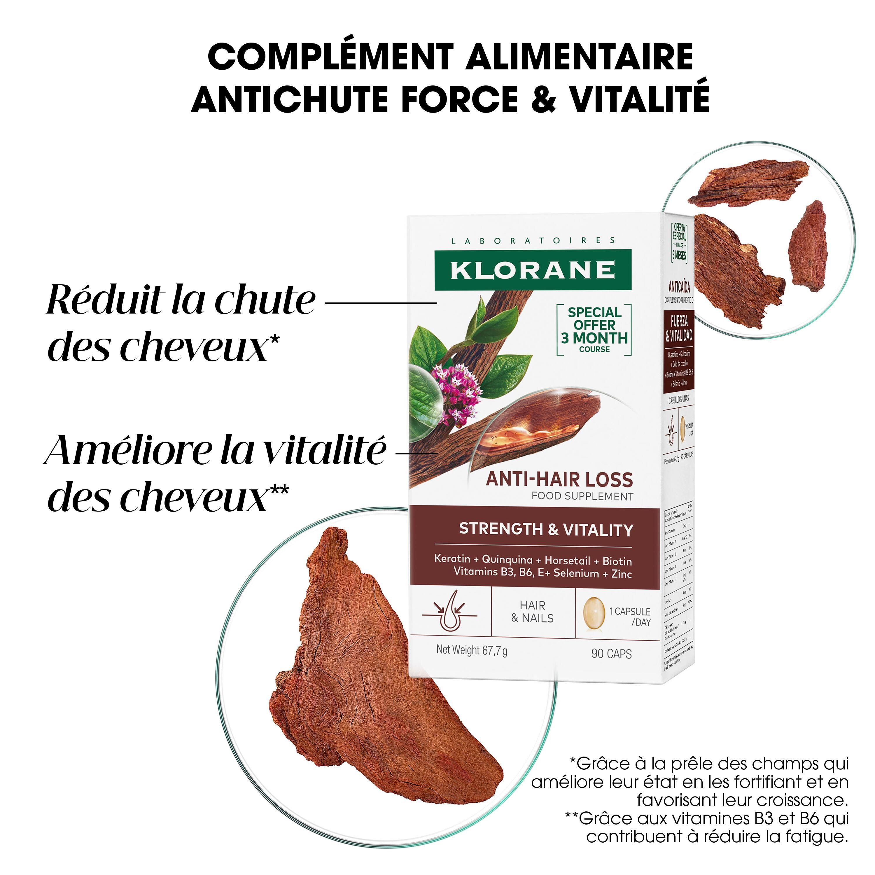 Image avec texte. Réduit la chute des cheveux, améliore la vitalité. Contient kératine, biotine, etc.