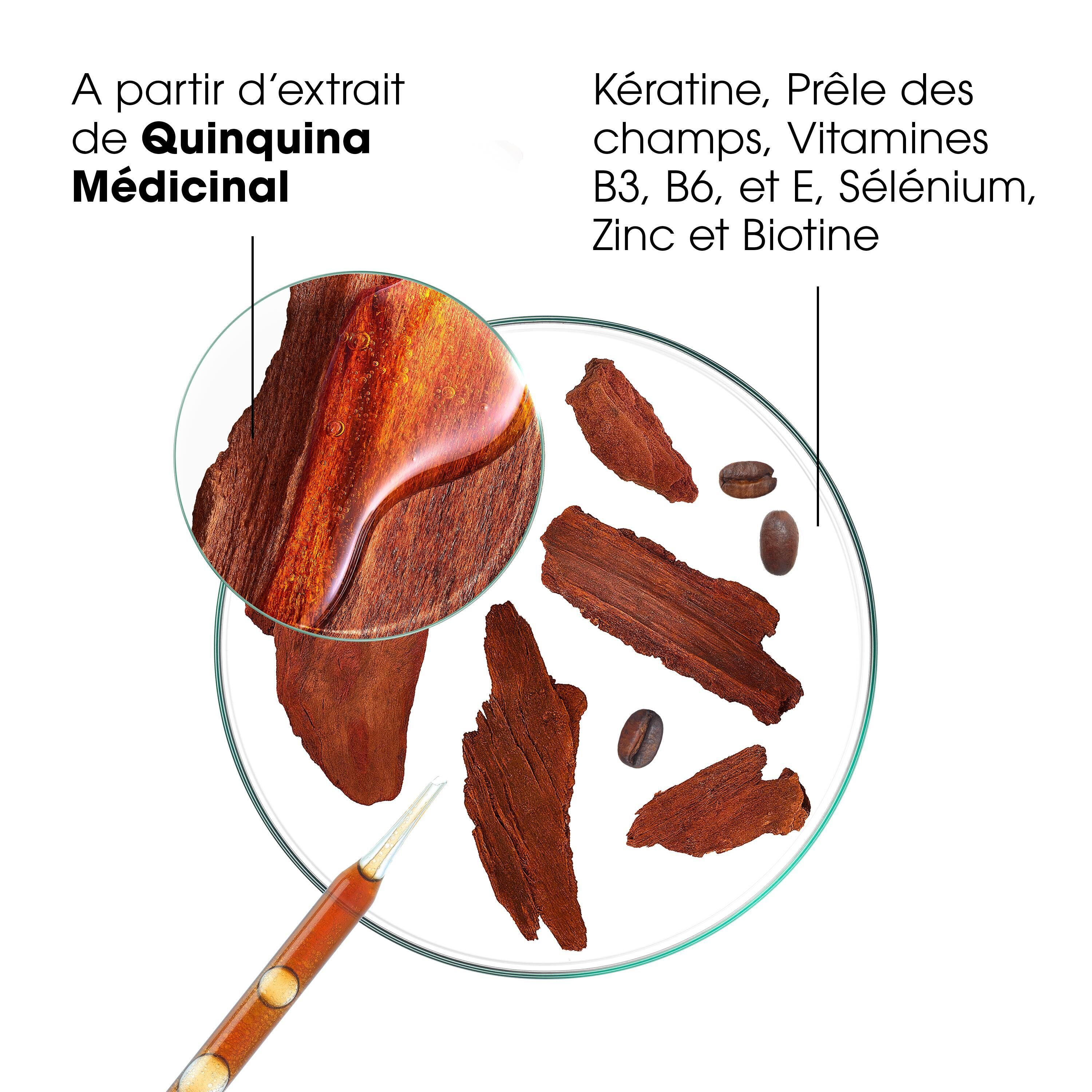 Gros plan sur les ingrédients. Extrait de Quinquina Médicinal. Contient kératine, prêle, vitamines, sélénium, zinc et biotine.