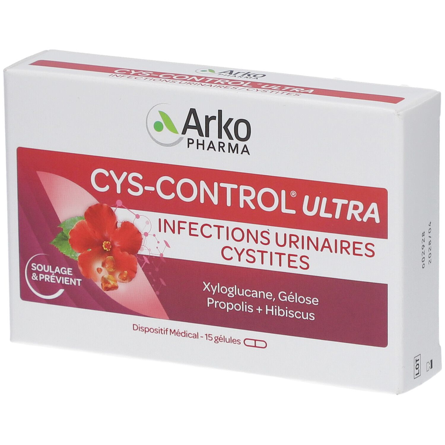 Boîte blanche Cys-Control Ultra. Marque Arkopharma. Image de fleur rouge. Inscriptions en français.