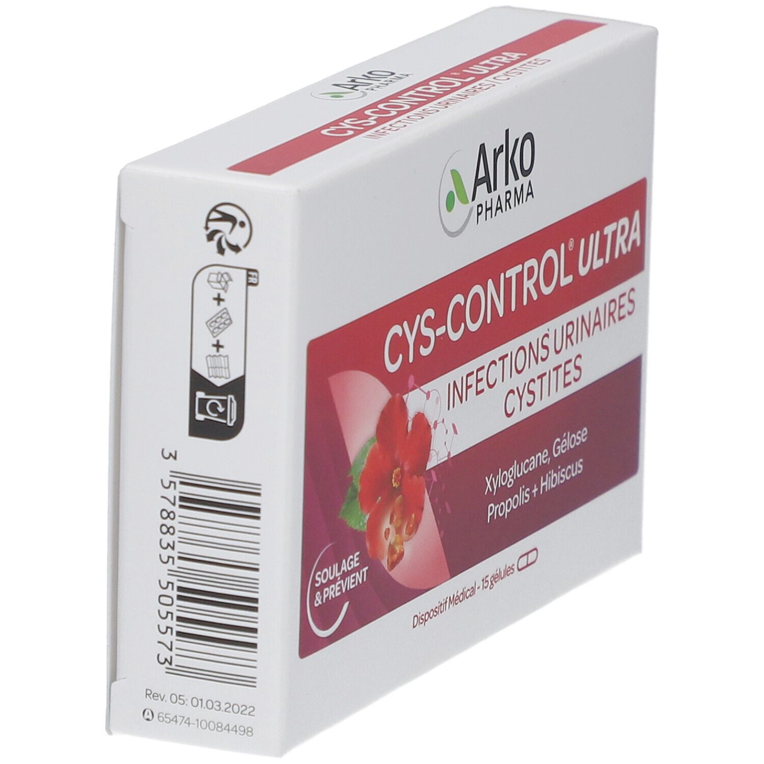 Boîte Cys-Control Ultra, marque Arkopharma. Image de fleur rouge. Texte en français. Vue de dessus.