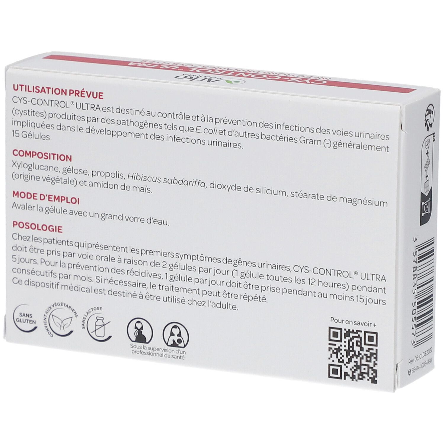 Dos de la boîte Cys-Control Ultra. Texte en français. Ingrédients, mode d'emploi, posologie. Code QR.