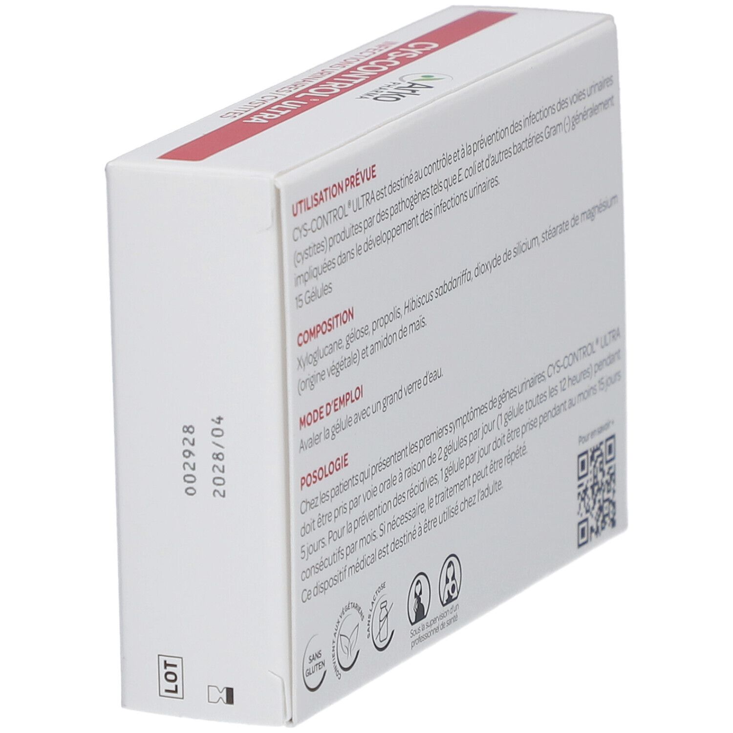 Dos de la boîte Cys-Control Ultra. Texte en français. Ingrédients, mode d'emploi, posologie. Code QR.