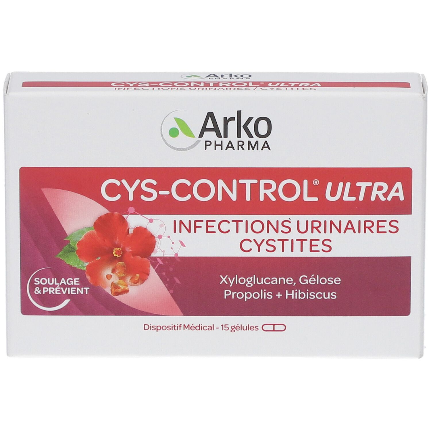 Boîte blanche Cys-Control Ultra. Marque Arkopharma. Image de fleur rouge. Inscriptions en français.