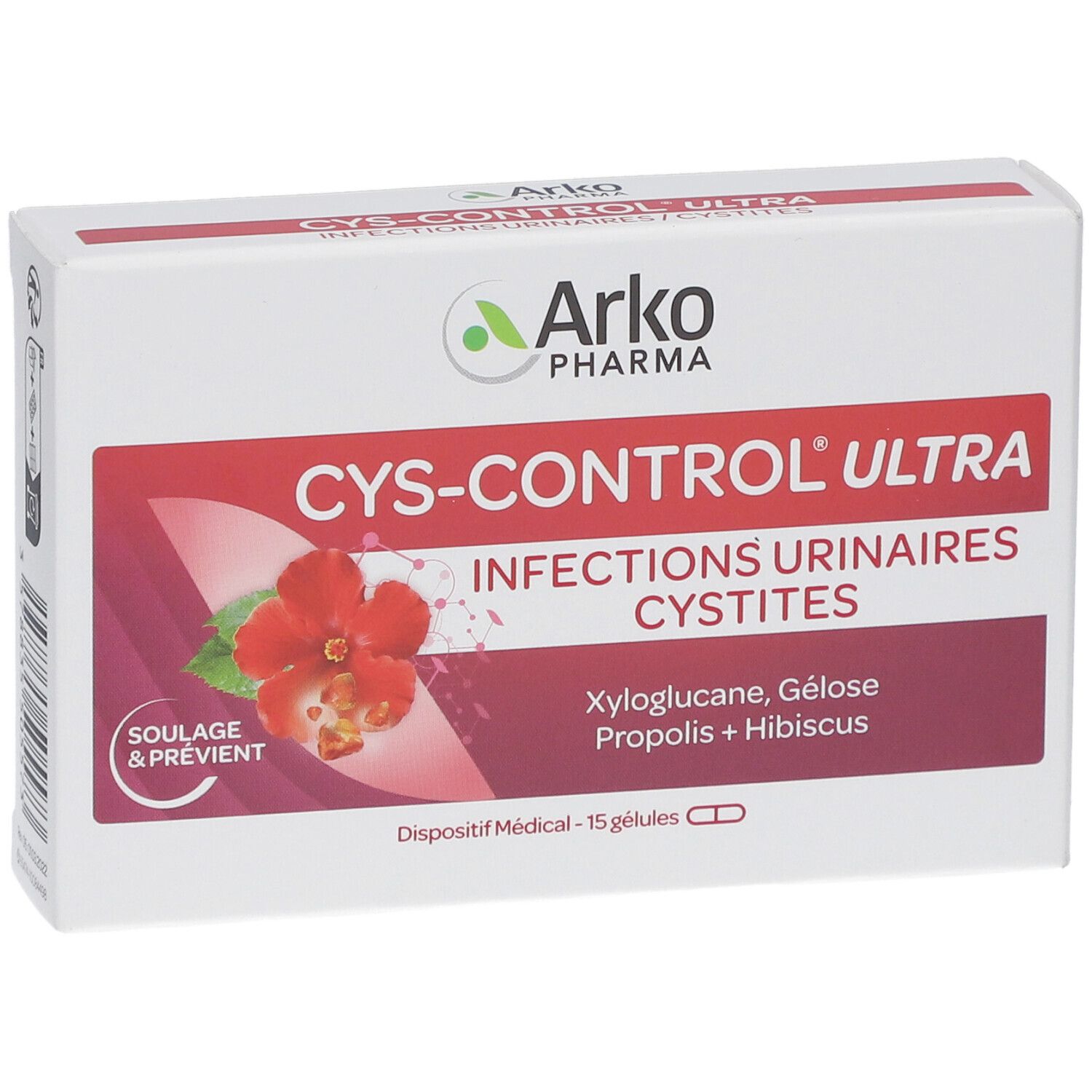 Boîte blanche Cys-Control Ultra. Marque Arkopharma. Image de fleur rouge. Inscriptions en français.