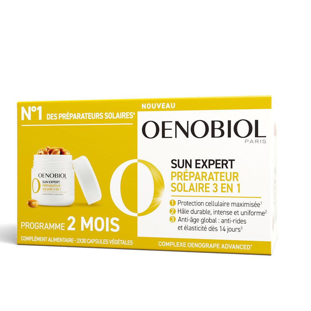 Boîte jaune avec flacon blanc et gélules. Texte: OENOBIOL, SUN EXPERT, 3en1, Programme 2 mois.