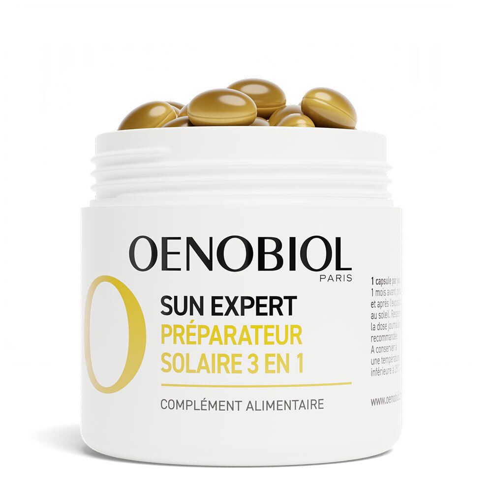 Flacon blanc avec gélules jaunes. Texte: OENOBIOL, SUN EXPERT, PRÉPARATEUR SOLAIRE 3 EN 1, Complément alimentaire.