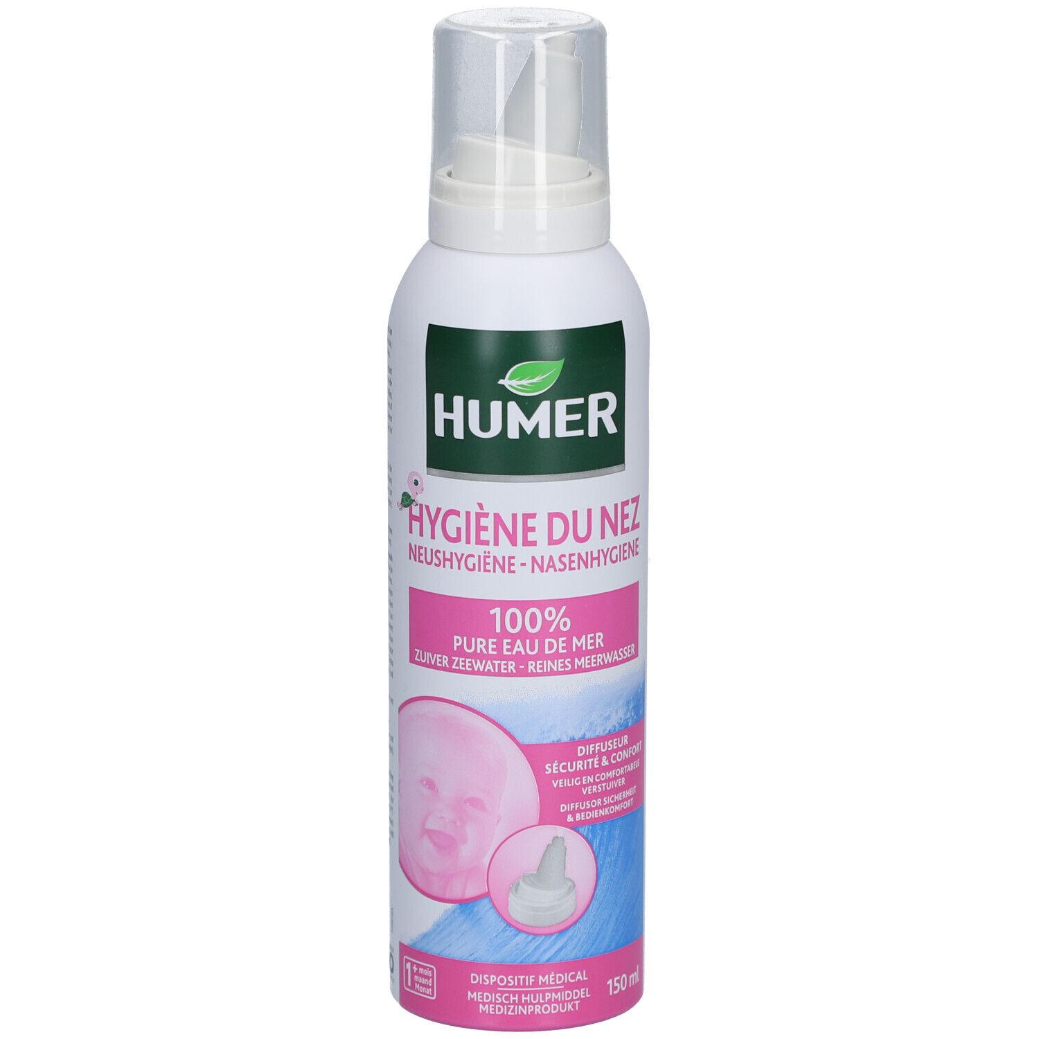 Spray nasal blanc, logo vert, accents roses. Texte: HUMER, Hygiène du nez, 100% eau de mer pure. Diffuseur.