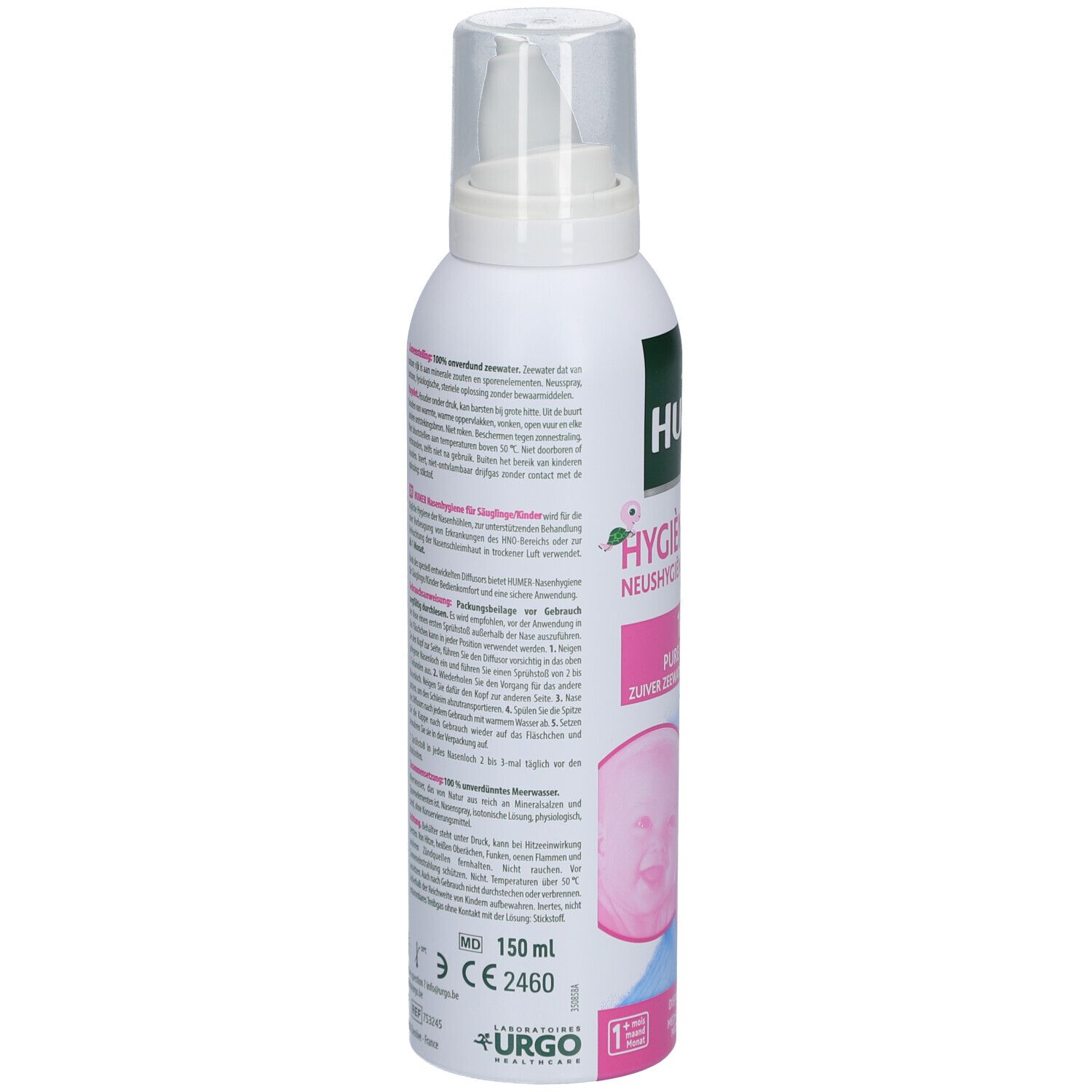 Dos d'un flacon de spray nasal blanc. Texte et informations multilingues. Marquage CE.