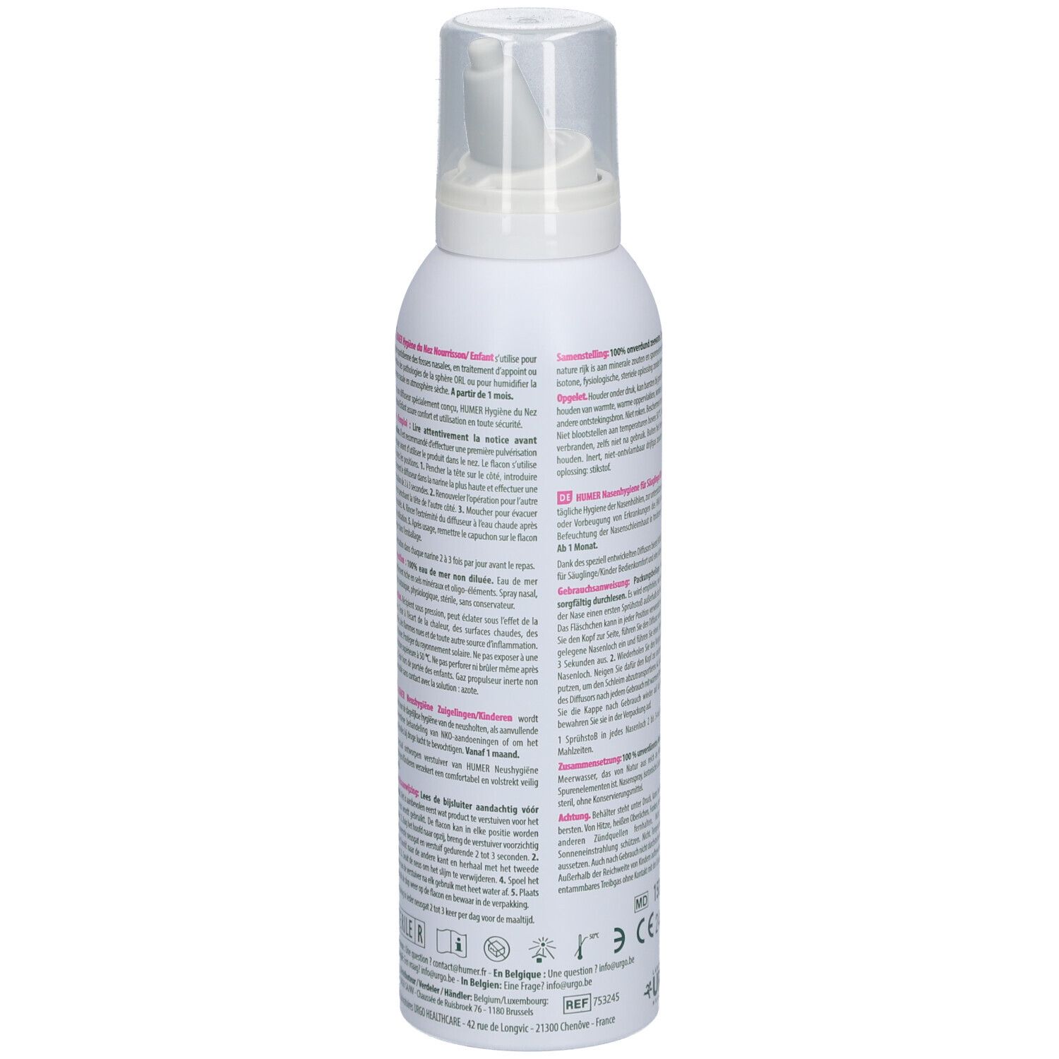 Dos d'un flacon de spray nasal blanc. Texte et informations multilingues. Marquage CE.