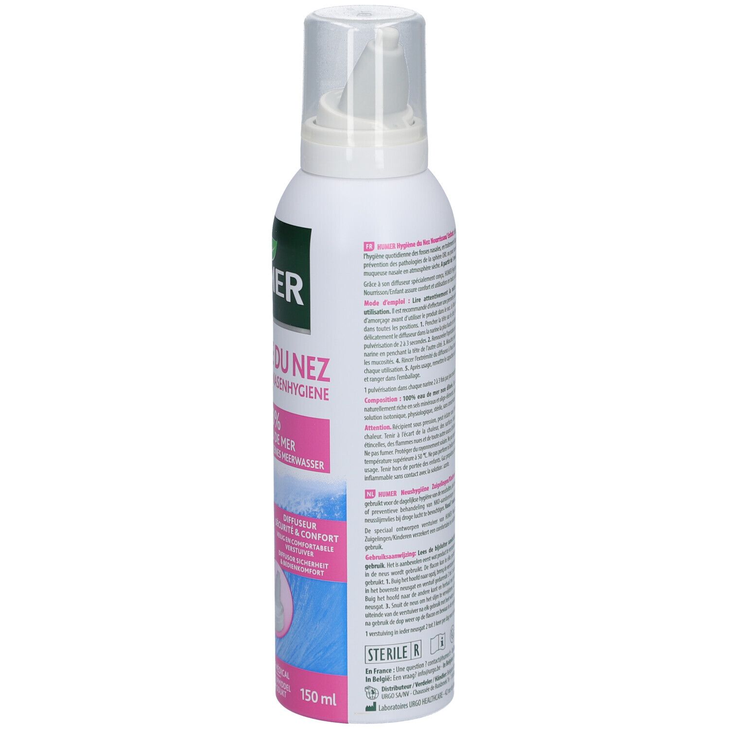 Dos d'un flacon de spray nasal blanc. Texte et informations multilingues. Marquage CE.