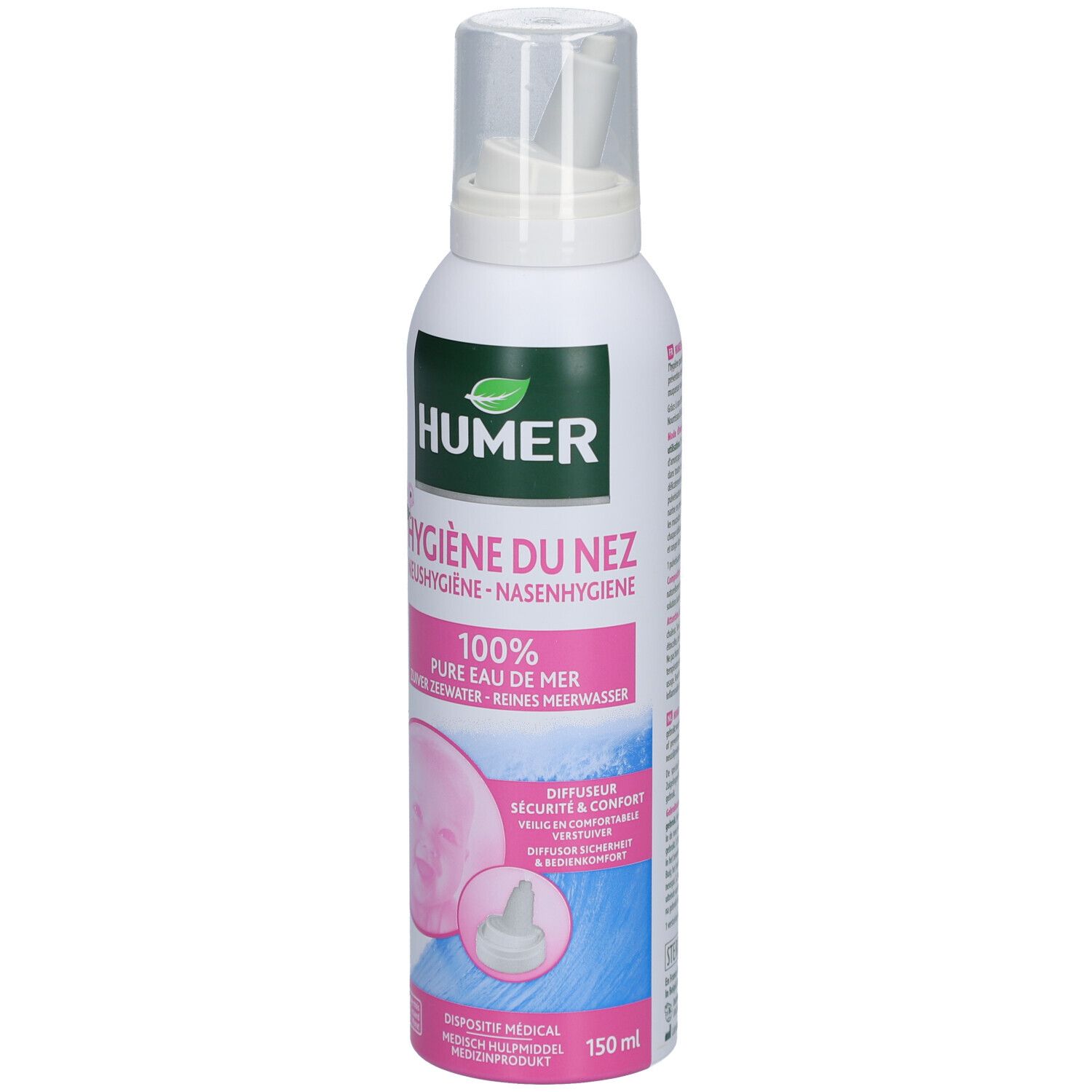 Spray nasal blanc, logo vert, accents roses. Texte: HUMER, Hygiène du nez, 100% eau de mer pure. Diffuseur.