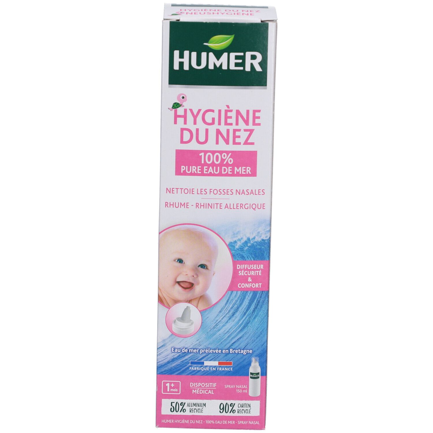 Emballage du produit. Blanc, vert, rose. Texte : HUMER, Hygiène du nez, 100% eau de mer pure. Image bébé.