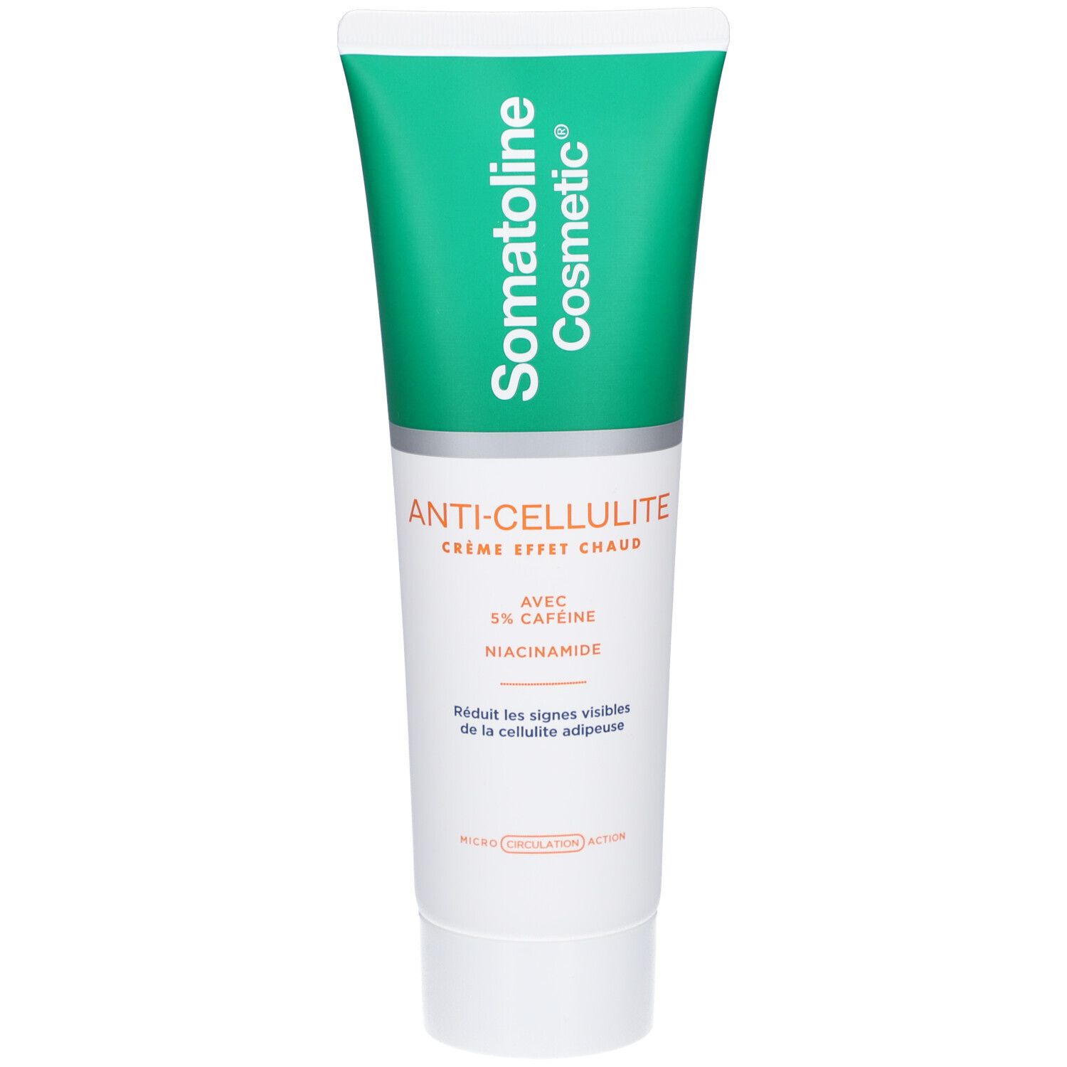 Tube de crème avec bouchon vert. Inscription: Somatoline Cosmetic, Anti-Cellulite Crème Effet Chaud, 5% caféine, niacinamide.
