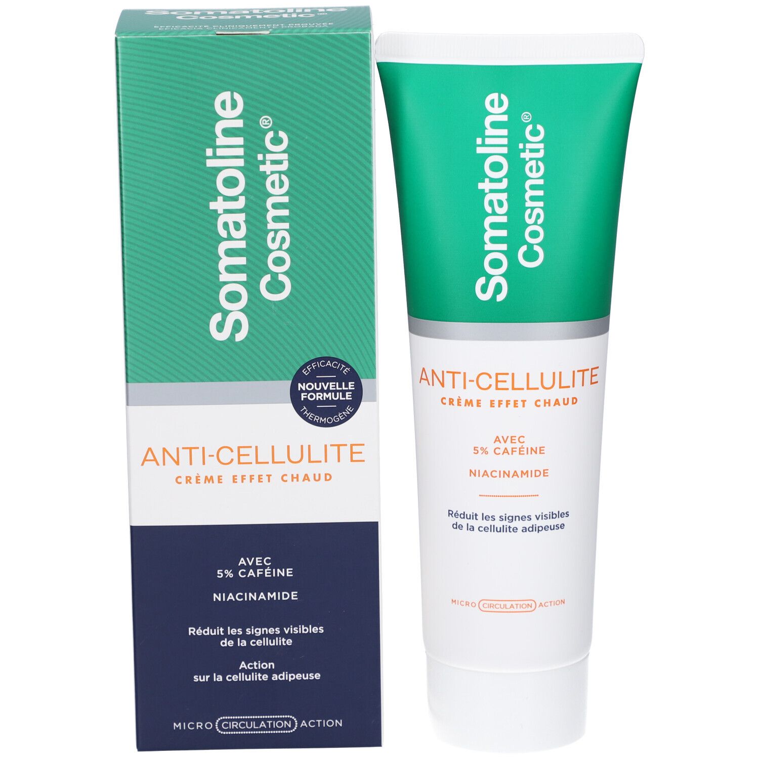 Emballage du produit. Tube et boîte. Inscription: Somatoline Cosmetic, Anti-Cellulite Crème Effet Chaud, 5% caféine.