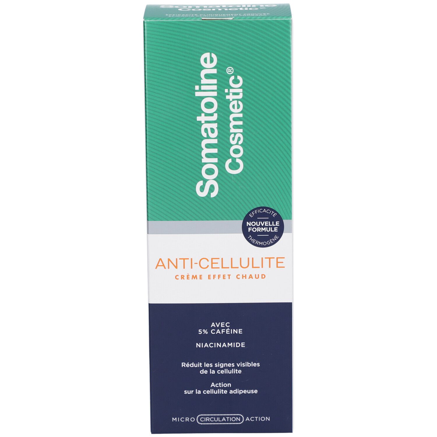 Boîte avec informations sur le produit. Inscription: Somatoline Cosmetic, Anti-Cellulite Crème Effet Chaud, 5% caféine, niacinamide.