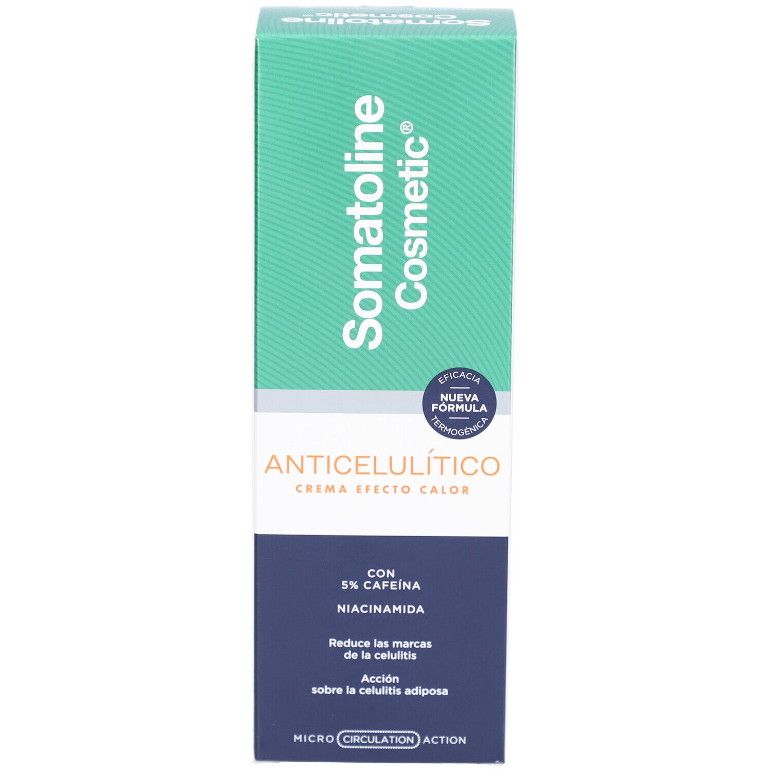 Emballage du produit. Inscription: Somatoline Cosmetic, Anticellulite Crema Effetto Calore, 5% caféine, niacinamide.