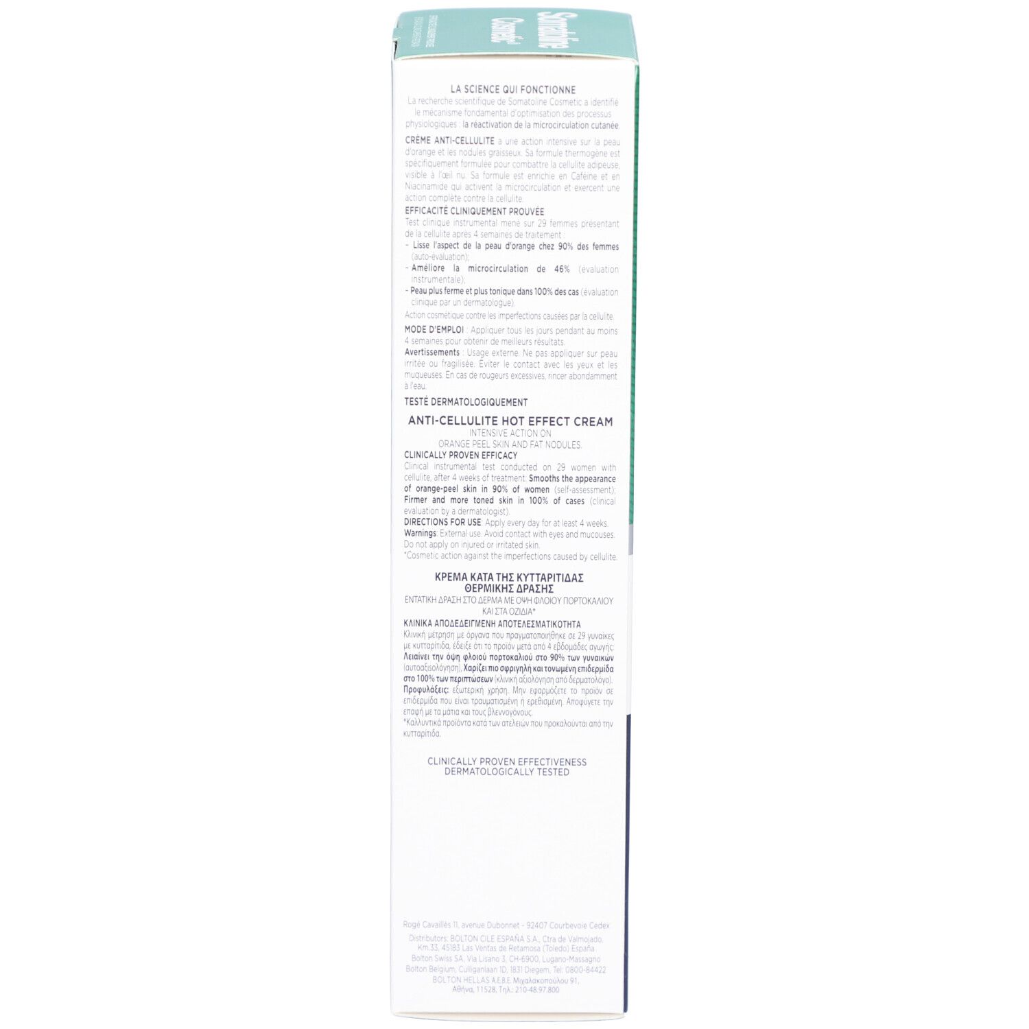 Dos de l'emballage du produit. Texte multilingue. Contient des informations sur les ingrédients et l'utilisation.