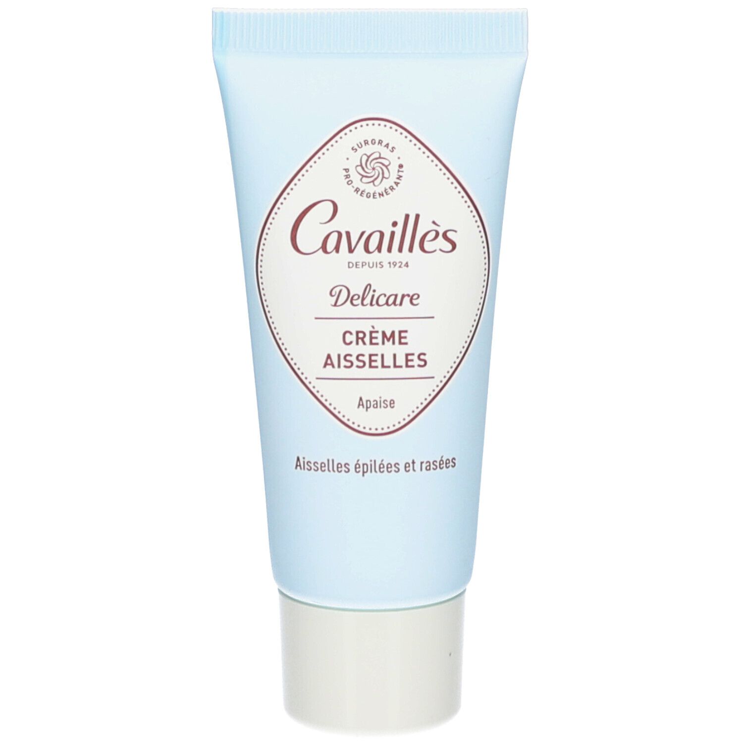 Tube bleu clair. Inscription: Delicare Crème Aisselles. Logo et nom de la marque Cavaillès. Bouchon à vis blanc.