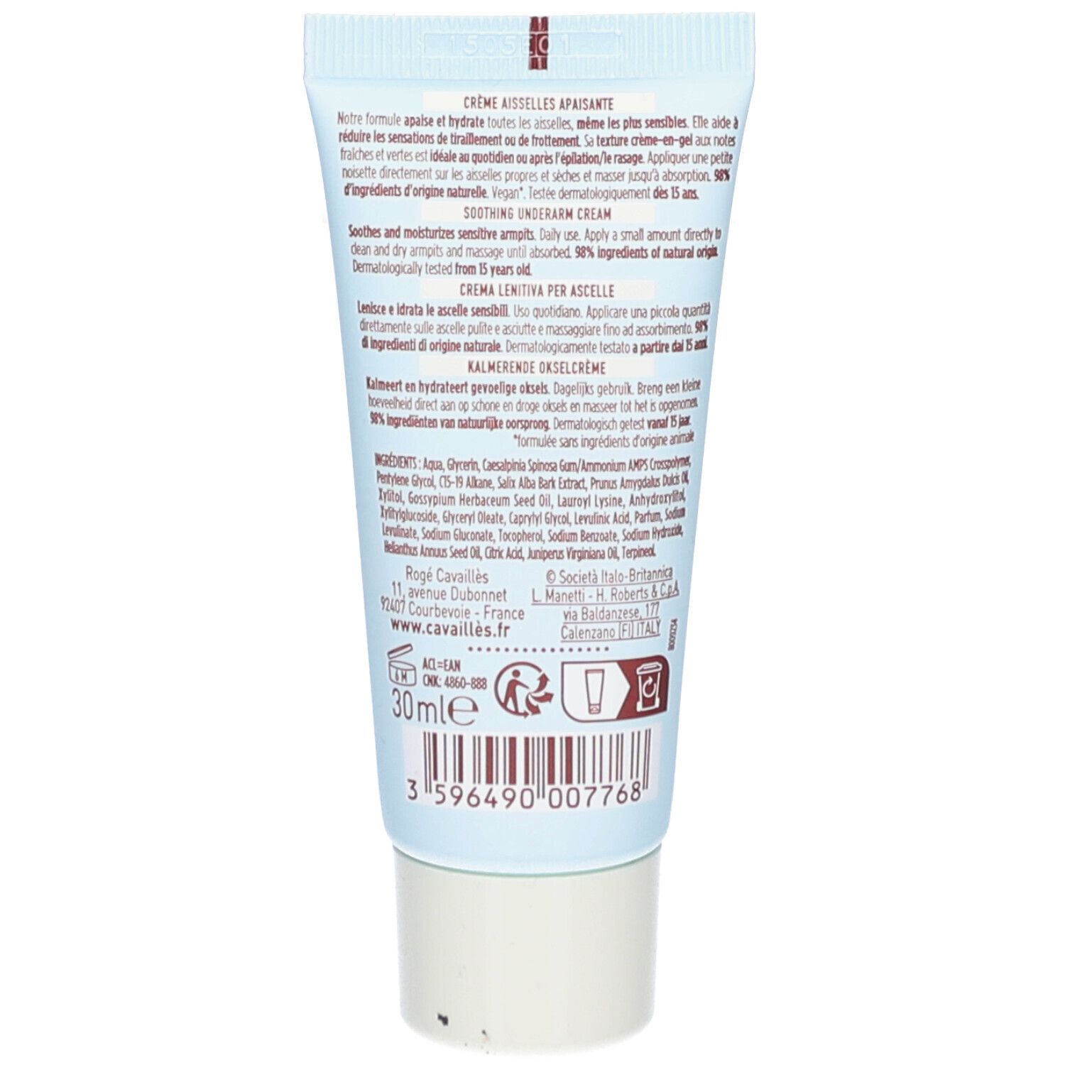 Dos du tube. Texte: Crème Aisselles apaisante. Ingrédients et informations fabricant. Volume: 30 ml. Code-barres.