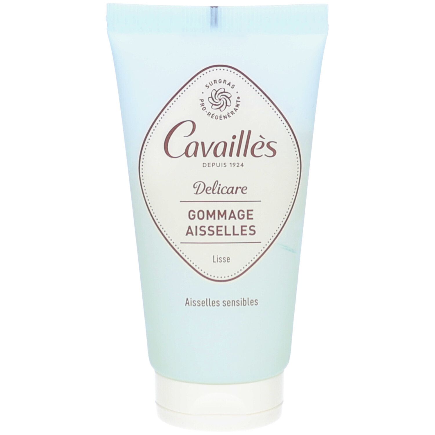 Tube bleu clair avec logo et nom du produit. "Delicare Gommage Aisselles" est écrit sur l'étiquette. "Aisselles sensibles" en dessous.
