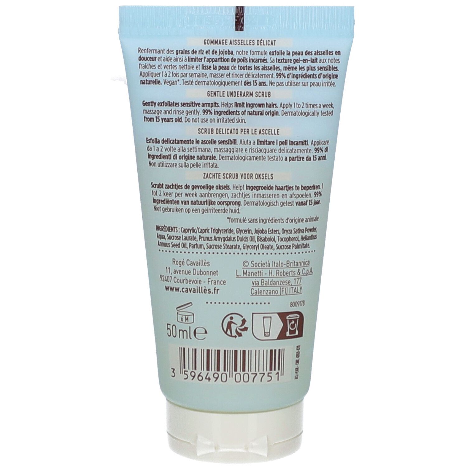 Dos du tube avec texte. Ingrédients, mode d'emploi et informations du fabricant imprimés. Indication de volume de 50 ml.