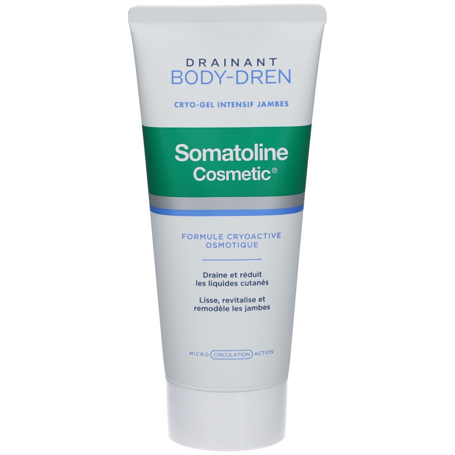 Tube blanc avec accents verts et bleus. Inscriptions: DRAINANT BODY-DREN, Somatoline Cosmetic. Cryo-gel pour les jambes.