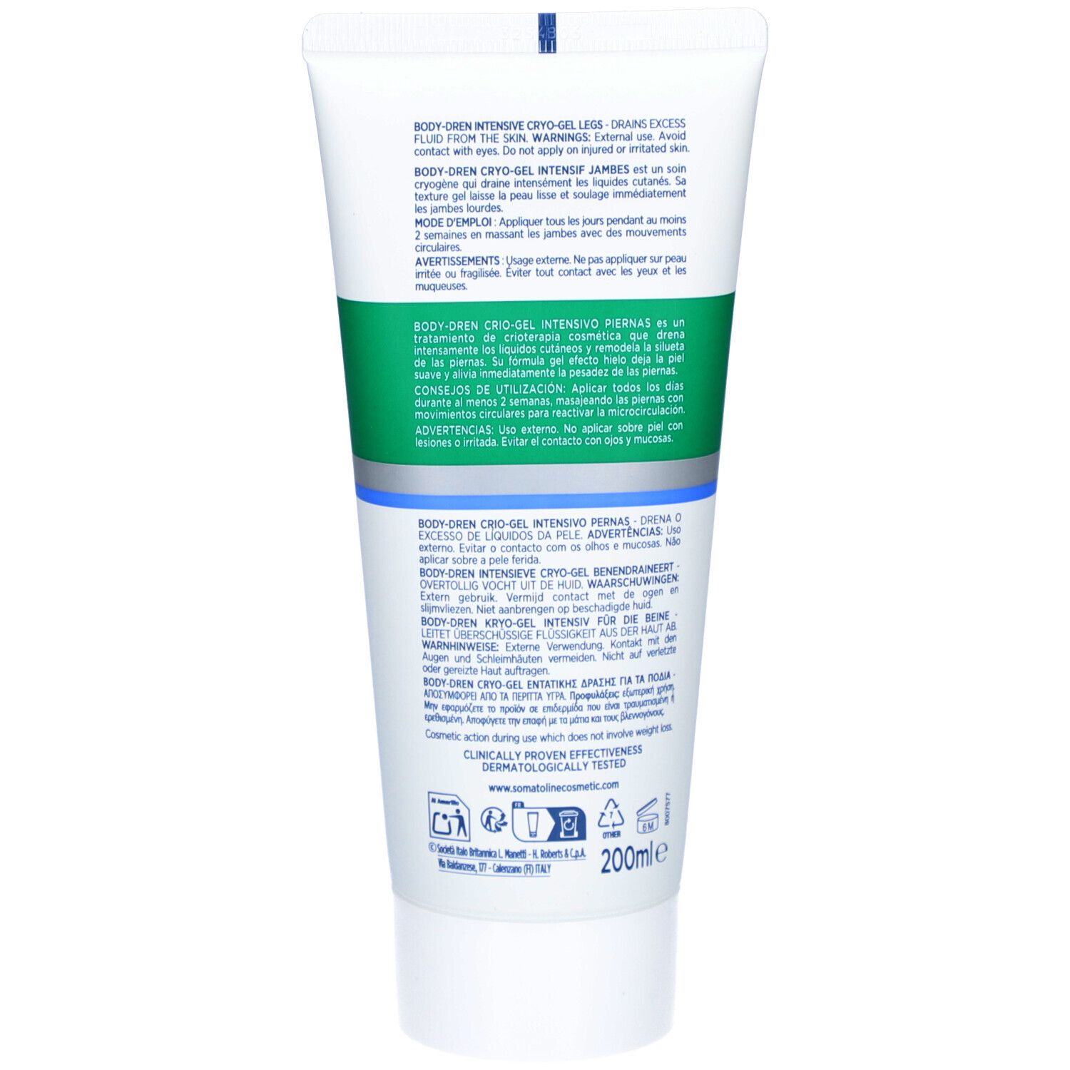 Dos d'un tube blanc. Texte multilingue. Informations sur le produit et instructions d'utilisation.