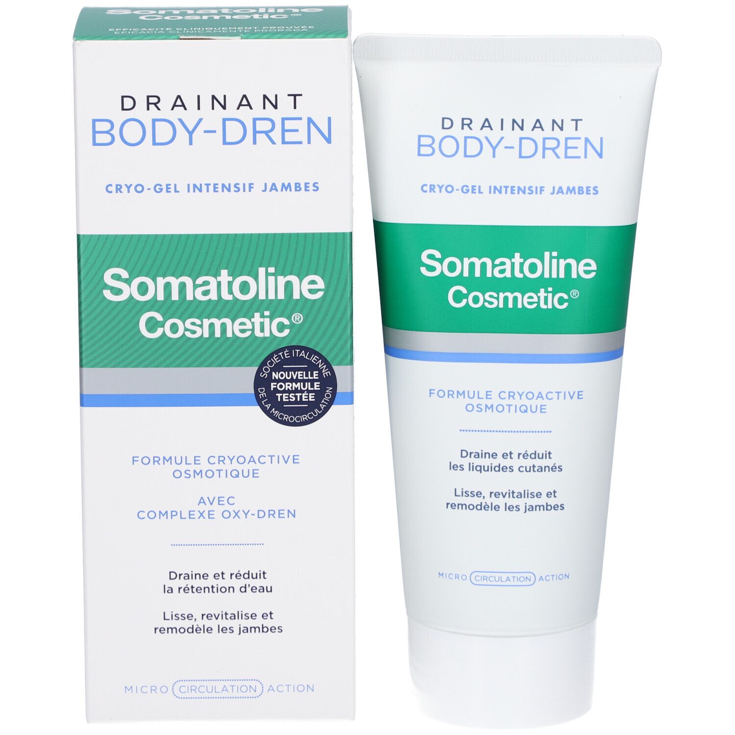Emballage produit avec tube et boîte. Tube: blanc, vert, bleu. Boîte: blanc, vert. Inscriptions: DRAINANT BODY-DREN, Somatoline Cosmetic.
