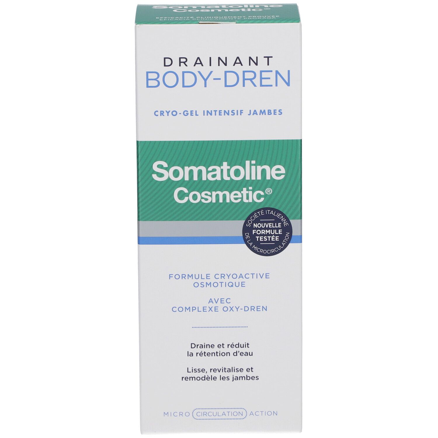 Emballage produit rectangulaire. Blanc, vert, bleu. Inscriptions: DRAINANT BODY-DREN, Somatoline Cosmetic. Avec label de qualité italien.