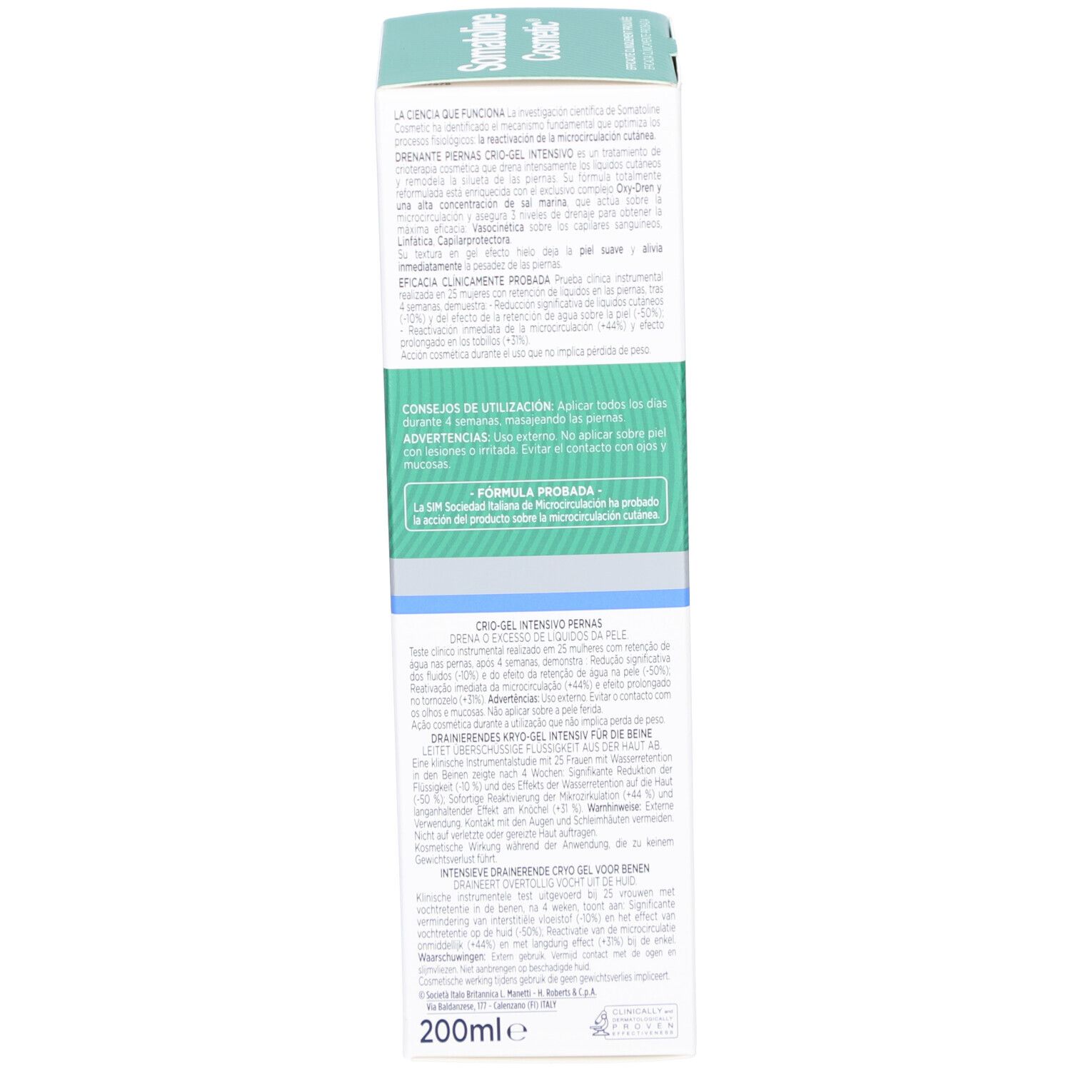 Dos de l'emballage produit. Texte multilingue. Informations sur le produit et instructions d'utilisation.