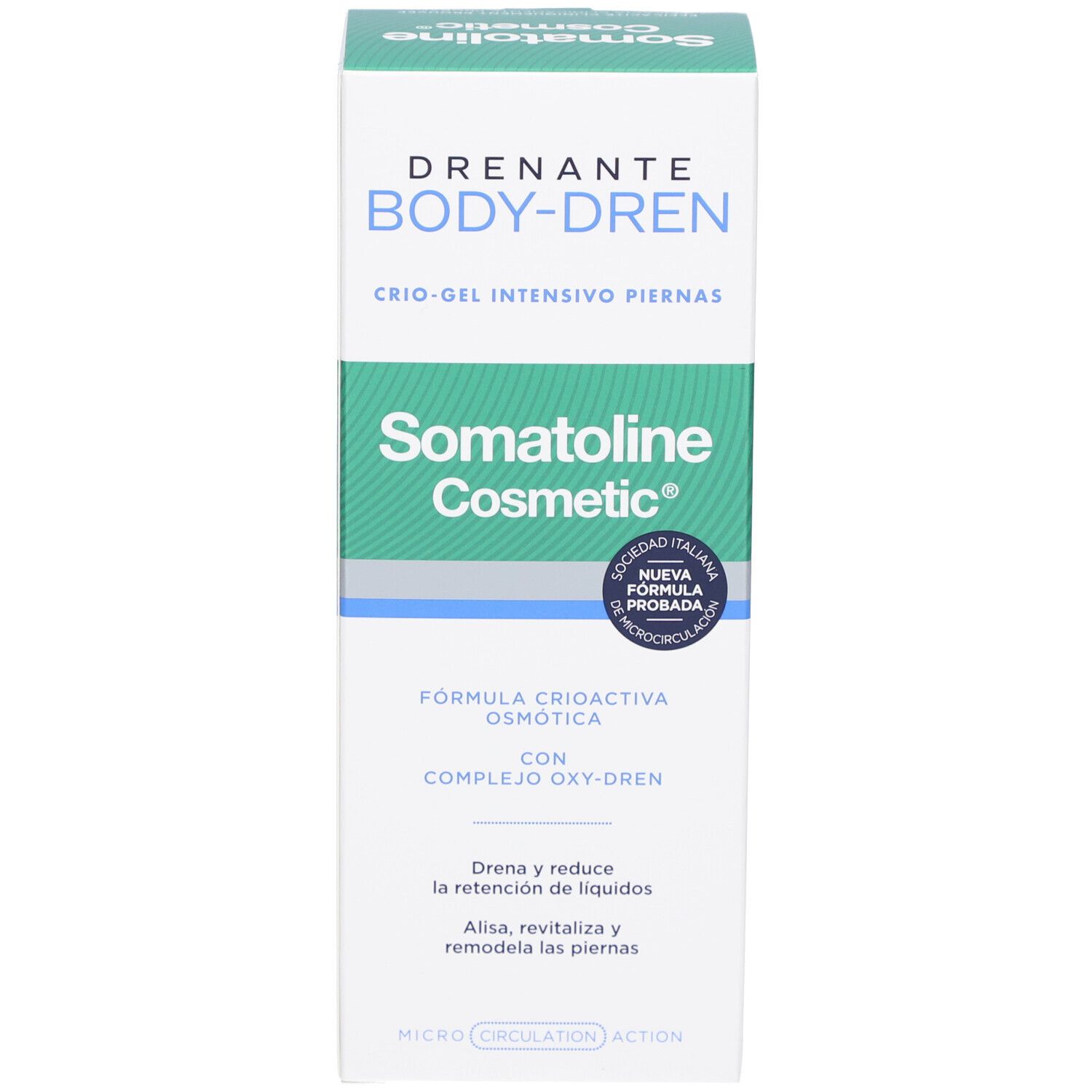 Emballage produit rectangulaire. Blanc, vert, bleu. Inscriptions: DRAINANT BODY-DREN, Somatoline Cosmetic. Avec label de qualité italien.