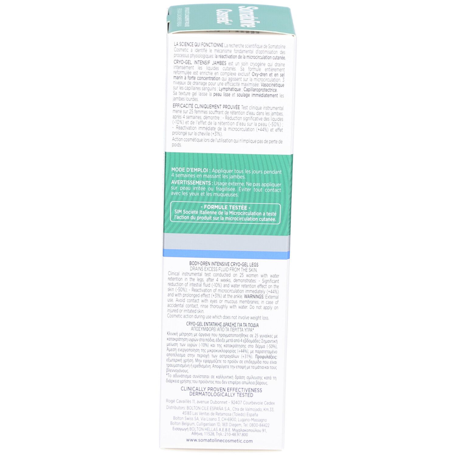 Côté de l'emballage produit. Texte multilingue. Informations sur le produit et instructions d'utilisation.