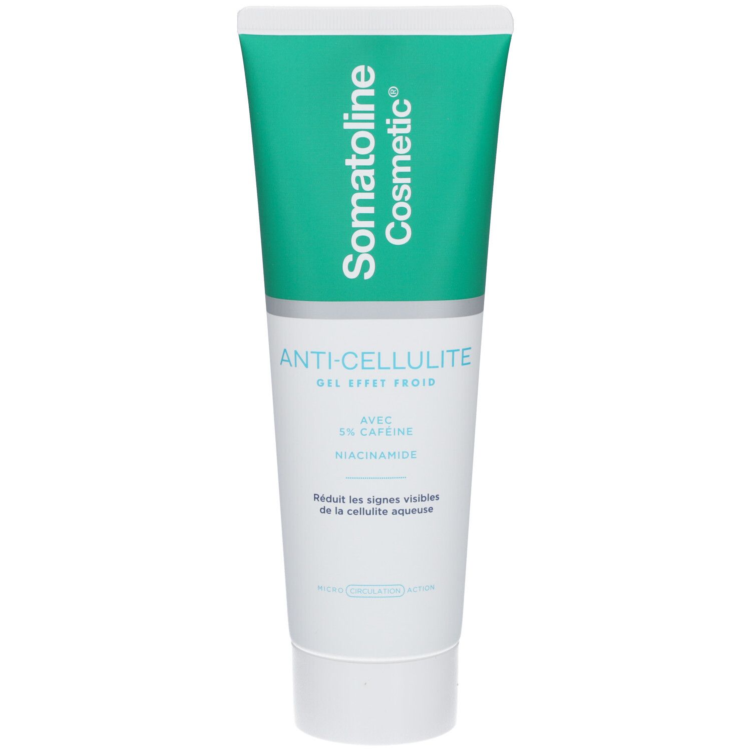 Tube blanc et vert. Inscription: Somatoline Cosmetic, Anti-Cellulite Gel, effet froid. Contient 5% caféine et niacinamide.
