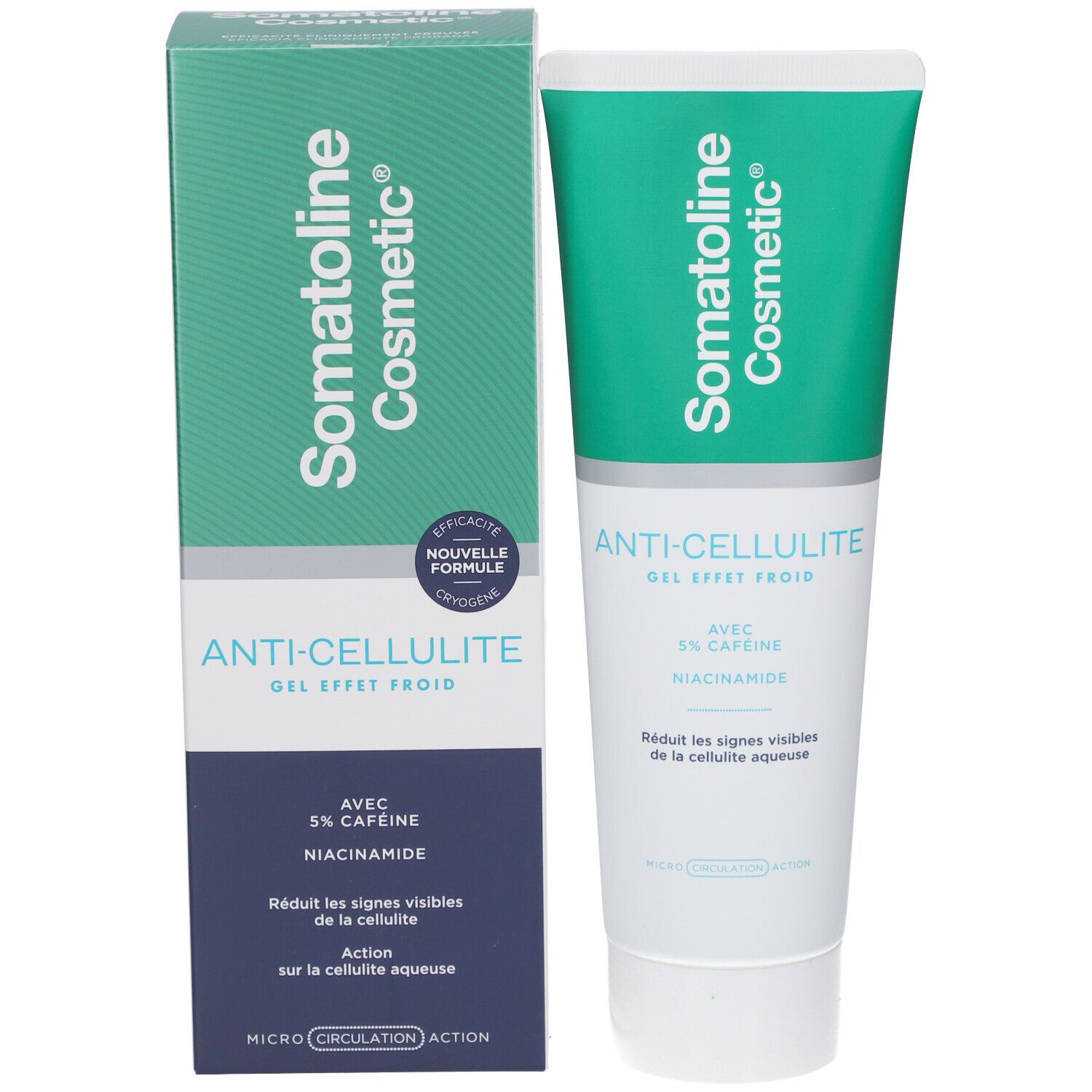 Emballage produit avec tube. Inscription: Somatoline Cosmetic, Anti-Cellulite Gel, effet froid. Avec 5% caféine et niacinamide.