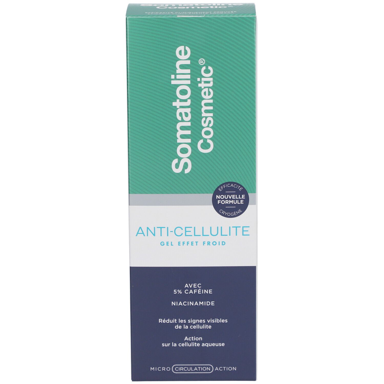 Boîte. Inscription: Somatoline Cosmetic, Anti-Cellulite Gel, effet froid. Avec 5% caféine et niacinamide. Nouvelle formule.