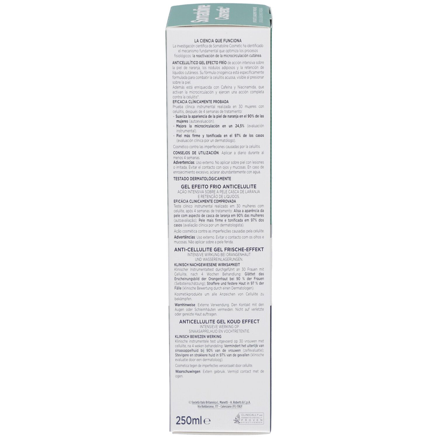 Dos de la boîte. Texte multilingue. Informations sur le produit, l'utilisation et les résultats cliniques. 250ml.