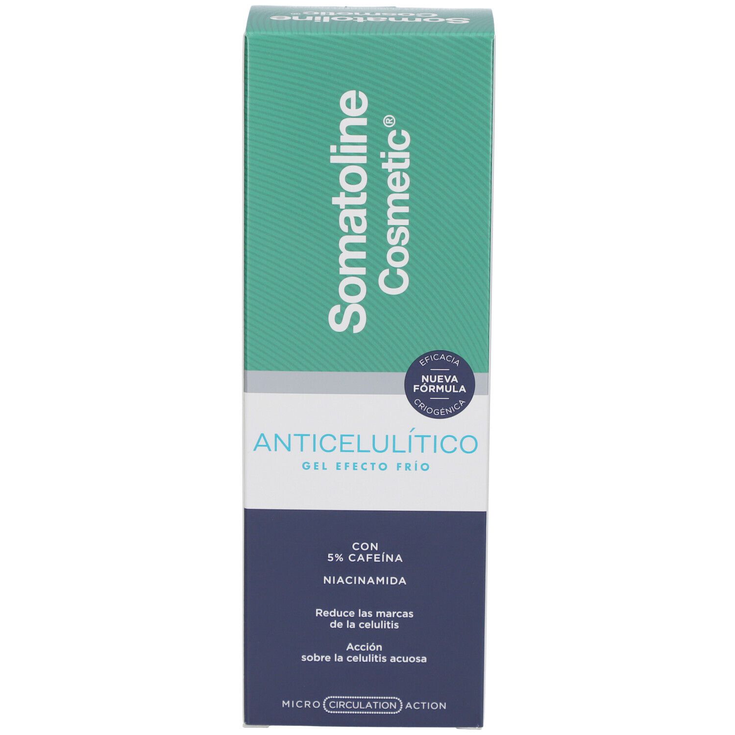 Boîte. Inscription: Somatoline Cosmetic, Anti-Cellulite Gel, effet froid. Avec 5% caféine et niacinamide. Nouvelle formule.