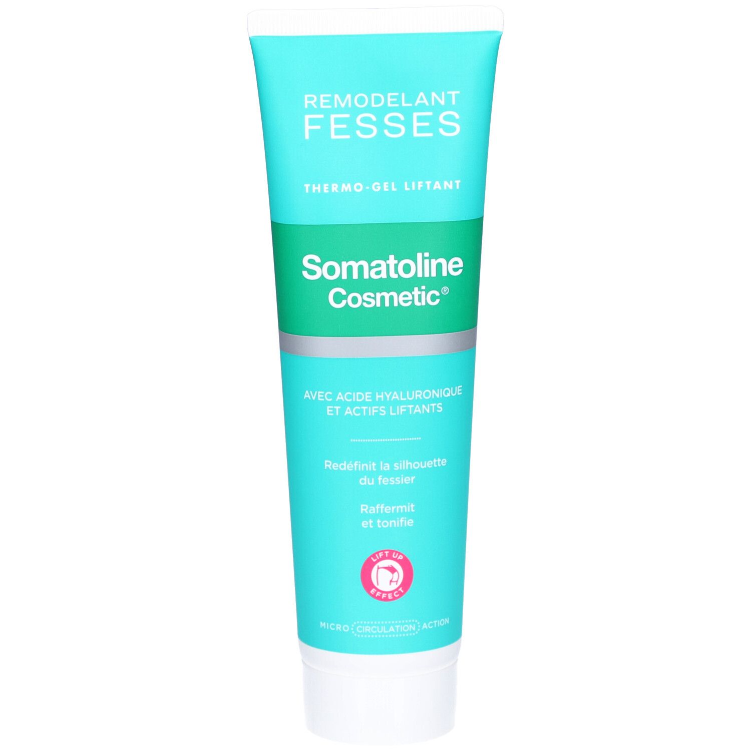 Tube turquoise avec bouchon blanc. Inscriptions: REMODELANT FESSES, Thermo-Gel liftant, Somatoline Cosmetic. Ingrédients visibles.