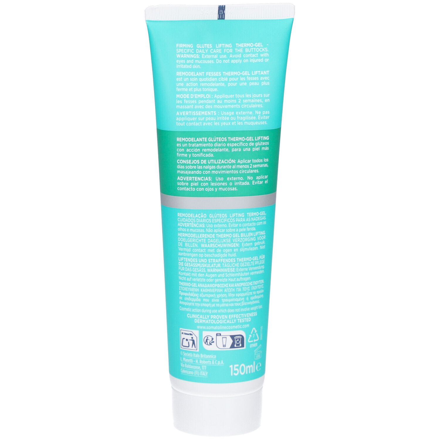Dos du tube turquoise. Texte multilingue. Informations sur les ingrédients et l'utilisation.