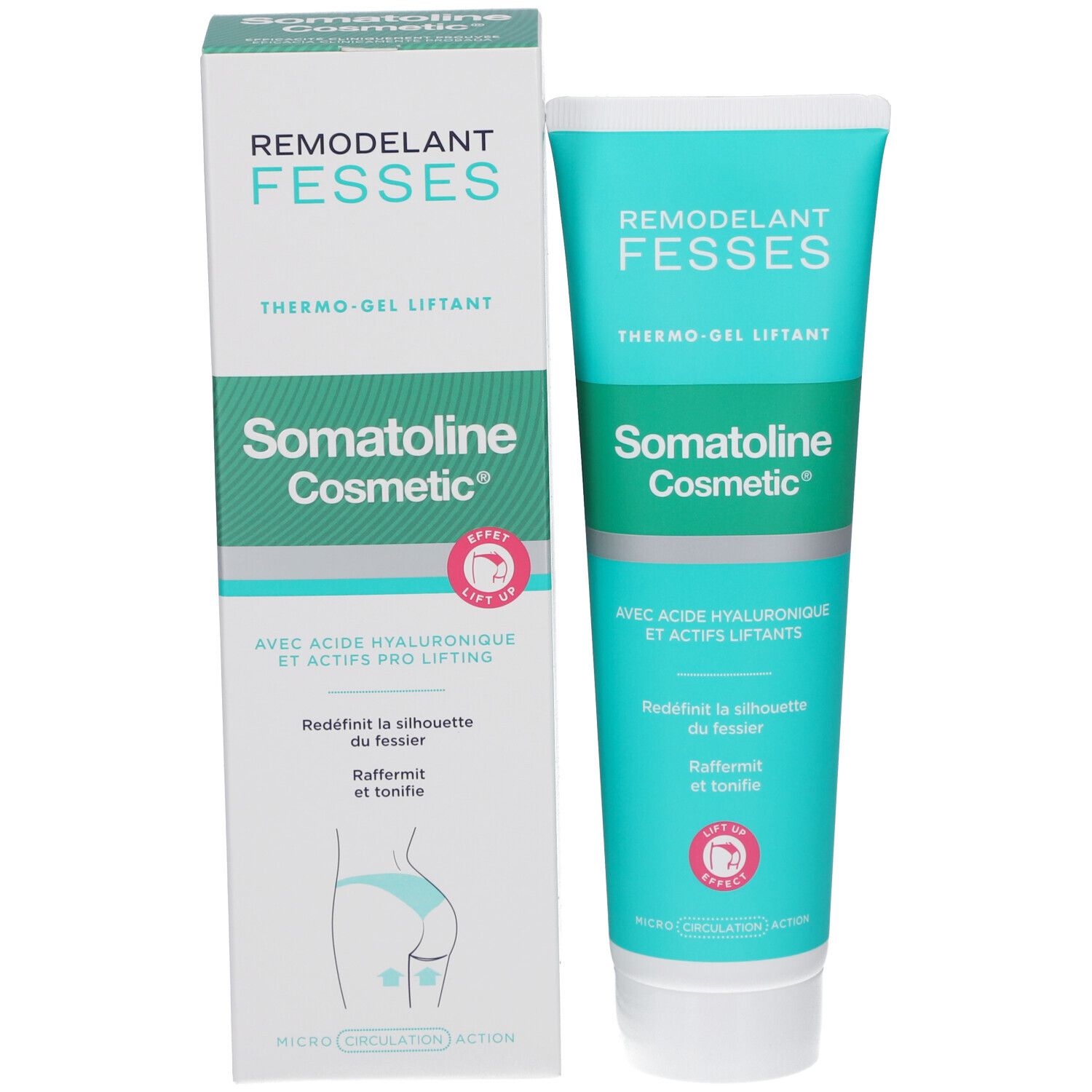 Emballage et tube. Emballage: blanc avec accents turquoise. Inscriptions: REMODELANT FESSES, Somatoline Cosmetic. Tube à côté.