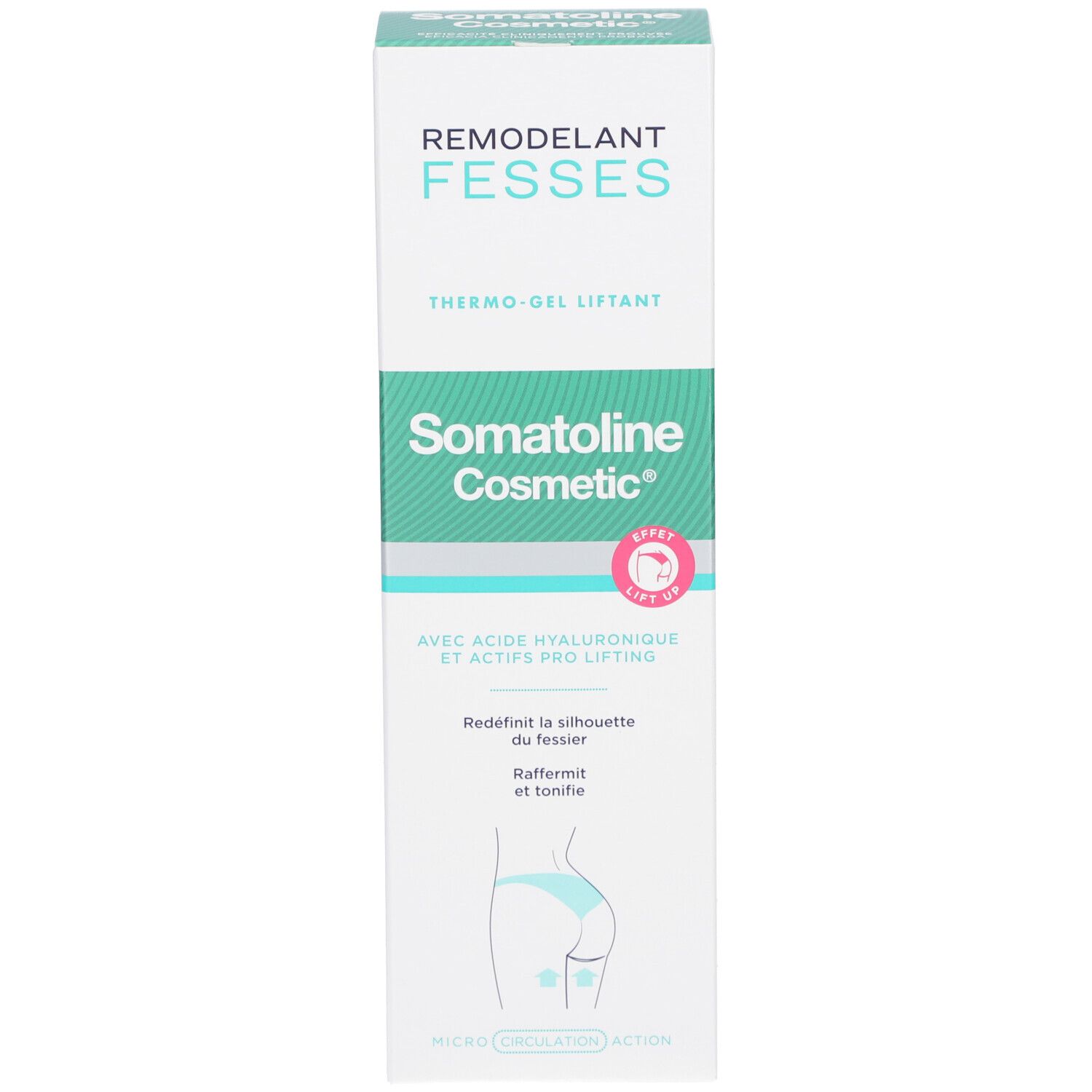 Emballage blanc avec accents turquoise. Inscriptions: REMODELANT FESSES, Somatoline Cosmetic. Illustration d'un fessier.