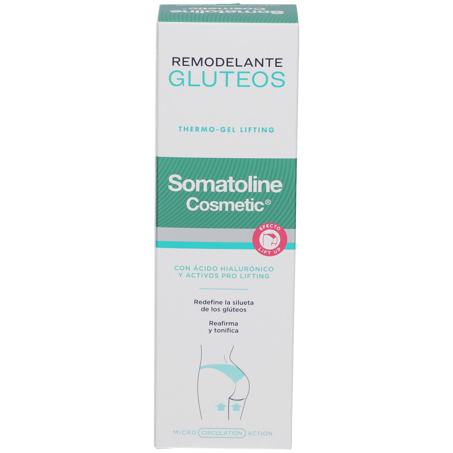 Emballage blanc avec accents turquoise. Inscriptions: REMODELANT GLUTÉOS, Somatoline Cosmetic. Illustration d'un fessier.